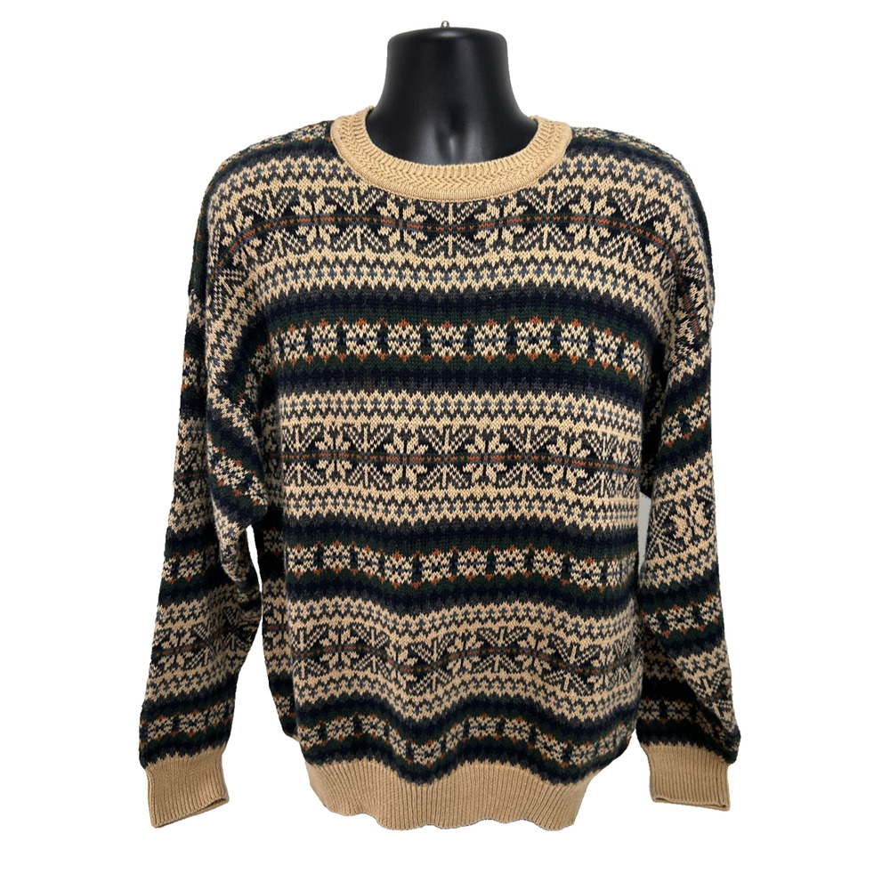Vintage Stone Haven Geometric Sweater Ramie Cotton Chunky Fair Isle Nordic XL